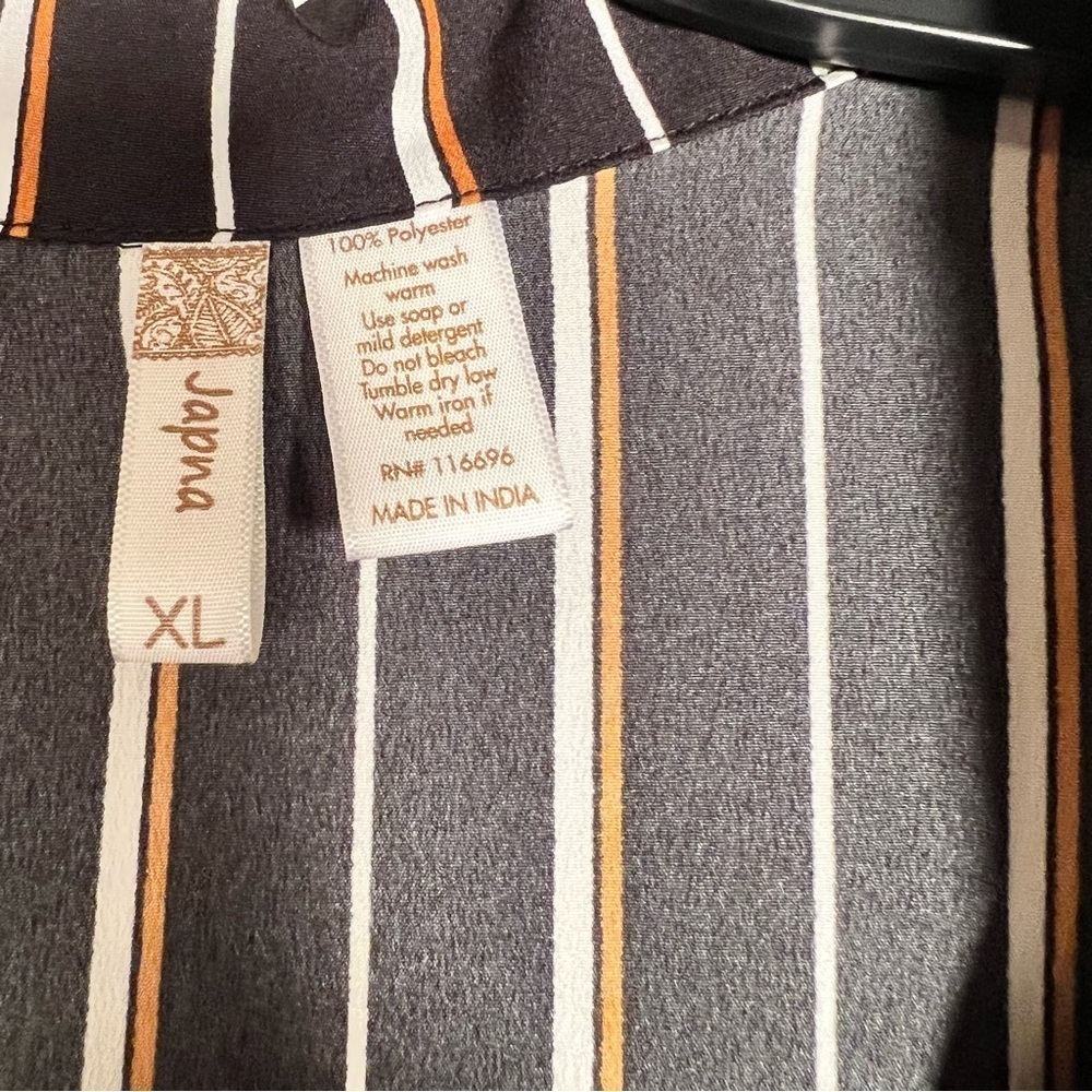 Japna Black White Tan Stripe Button Down Short Sleeve Blouse - Picture 7 of 9